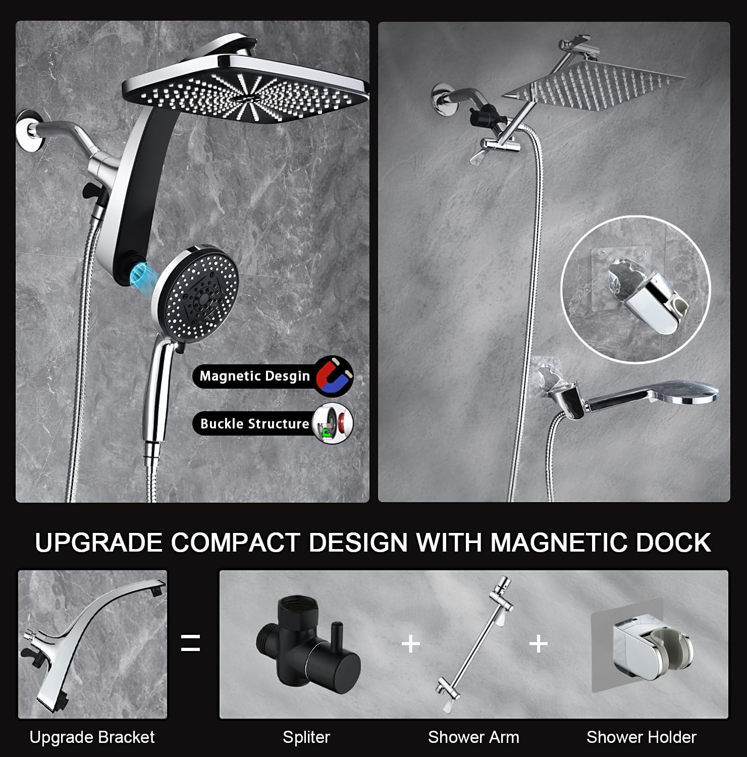 Skiennix High Pressure Rain Shower Head - Handheld Spray Combo with 10 Settings & Magnetic Docking