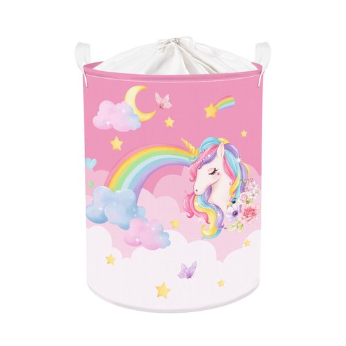 Clastyle 45L Pink Unicorn Laundry Basket for Girls Round Rainbow Kids Laundry Hamper Moon Stars Flower Cloud Toy Clothes Storage Basket