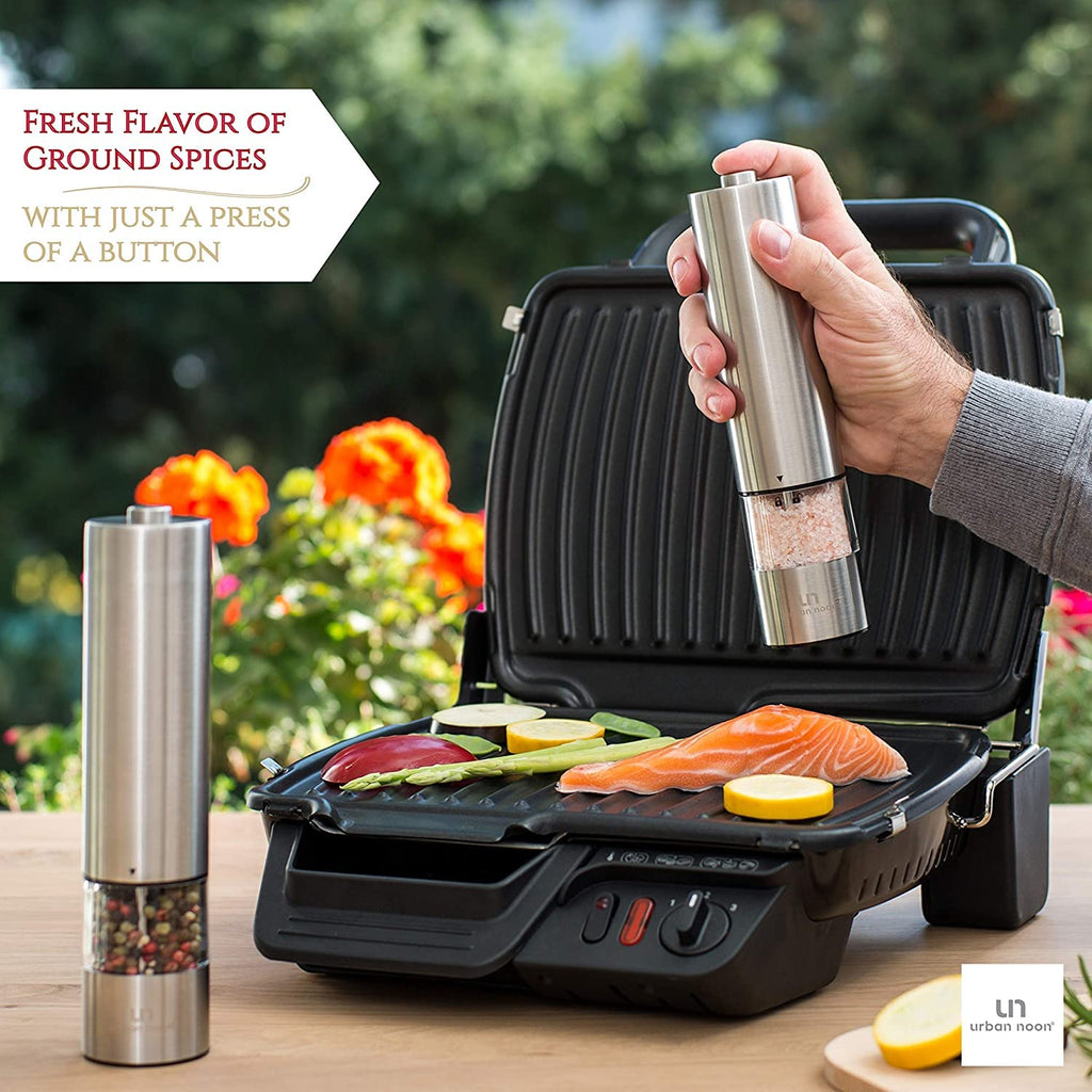 Urban Noon Electric Salt and Pepper Grinder Set (2 Mills, 8.1" Tall) - One-Handed Push-Button Mills with LED Light, Adjustable Ceramic Coarseness, Gift-Ready Box, 1-Year Warranty - Stainless Steel