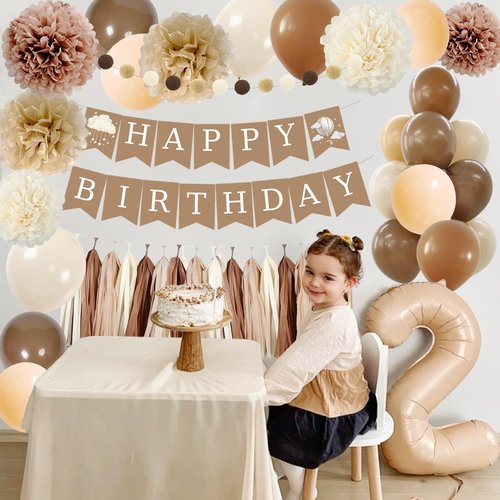 Birthday Decorations for Girls Boys, Brown Happy Birthday Banner with Felt Ball Garland Paper Pompoms Tassel Garland, Beige Cream Neutral Boho Birthday Party Balloons for Women Men Baby Shower
