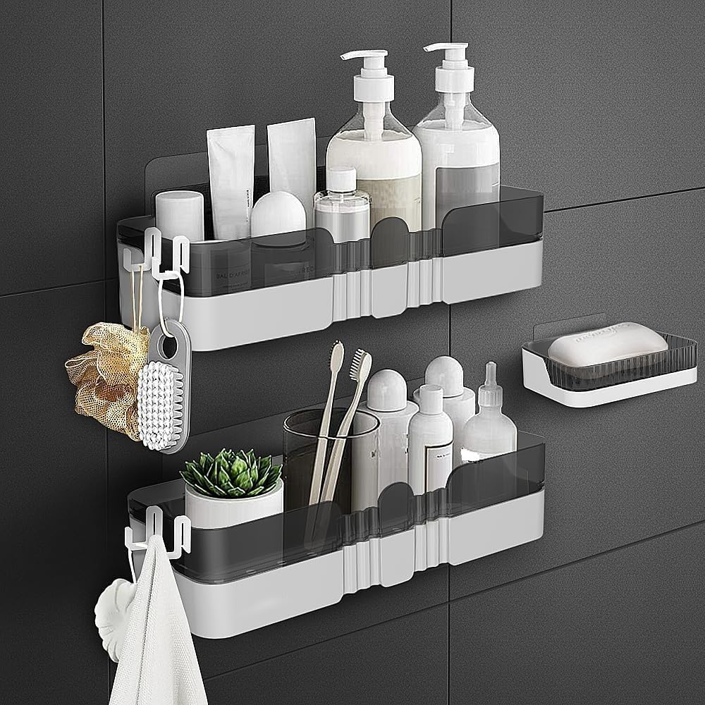 Skiennix 2-Pack Shower Caddy - Separable Organizer with Soap Dish & Hooks | No-Drill Double Layer Shelf (Black)