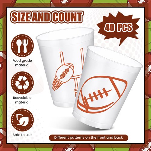 Qinyoung 40 Pcs 12 oz Reusable Football Plastic Cups Football Party Decorations Supplies Tailgate Events Drinking Cups for Sports Birthday Themed Party Supplies