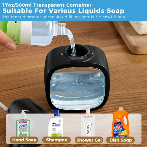 DODO MEKIA Automatic Liquid Soap Dispenser, 17oz/500ml Touchless Rechargeable with 4-Level Adjustable & IPX5 Waterproof - Level Display for Wall/Tabletop Use in Bathroom, Kitchen, Black