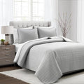 Lush Decor Farmhouse Box Stitch and Stripe Oversized Reversible Cotton 3 Piece Quilt Set, Full/Queen, Gray