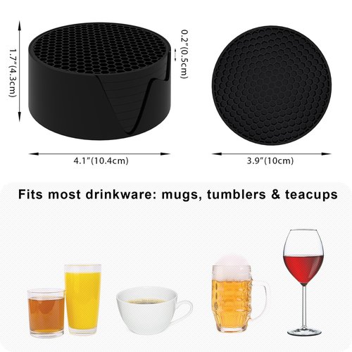 YUGUARD Silicone Coasters [8 Pack] with Holders Drink Coasters, for Hot or Cold Drinks Thickened, Non-Slip, Non-Stick (Black)