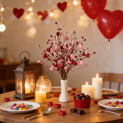idyllic 17 Inch 24 Pcs Valentine's Day Pink Red Heart Berry Branch Decoration, Artificial Stem Picks for Indoor Mantel Cabinet Table Valentine Wedding Anniversary Dinner Home Decor