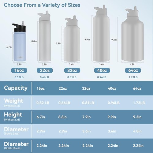 HASLE OUTFITTERS Insulated Water Bottle - 16 oz Double Wall Stainless Steel | Leak-Proof, Wide Mouth with Straw & Spout Lid (Light Blue)