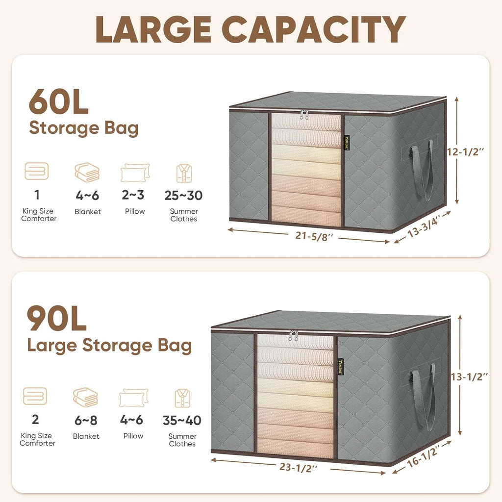 BALEINE 6 Pack Clothes Storage Bags - 16 Gallon Containers with Reinforced Handles | Sturdy Zipper, Grey