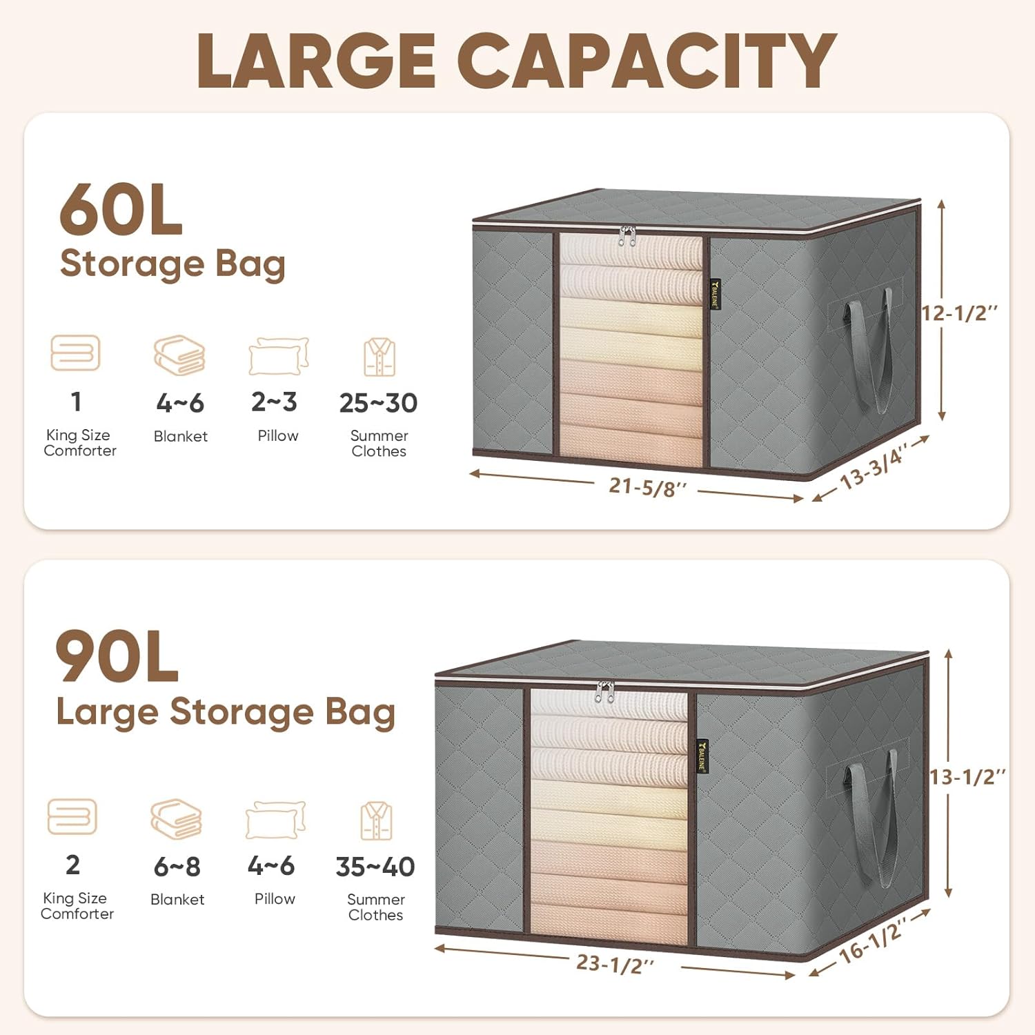 BALEINE 6 Pack Clothes Storage Bags - 16 Gallon Containers with Reinforced Handles | Sturdy Zipper, Grey