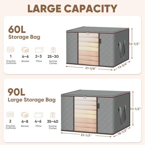 BALEINE 2 Pack Clothes Storage Bags, 16 Gallon Storage Containers with Reinforced Handle, Sturdy Zipper, Closet Organizer for Blanket, Comforter, Pillow, Bedding (Grey, 2 Pack)