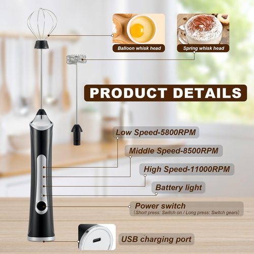 Freebala Handheld Electric Milk Frother with 2 Heads, Coffee Whisk Foam Mixer with USB Rechargeable 3 Speeds, Foam Maker Blender for Latte, Cappuccino, Hot Chocolate, Egg (Black)