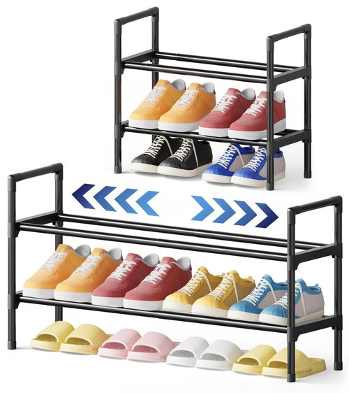 Kitsure Shoe Rack for Closet - Expandable Shoe Rack for Entrance, Rustproof Shoe Organizer for Entryway with Portable Handles, Black, 17.3″~30.2″L x 16.3″H