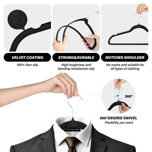 Simple Deluxe 50 Pack Velvet Hangers, Non-Slip Clothes Hangers with Shoulder Notches, 360° Swivel Hooks, Heavy Duty Coat Suit Hangers for Coats & Pants, Black