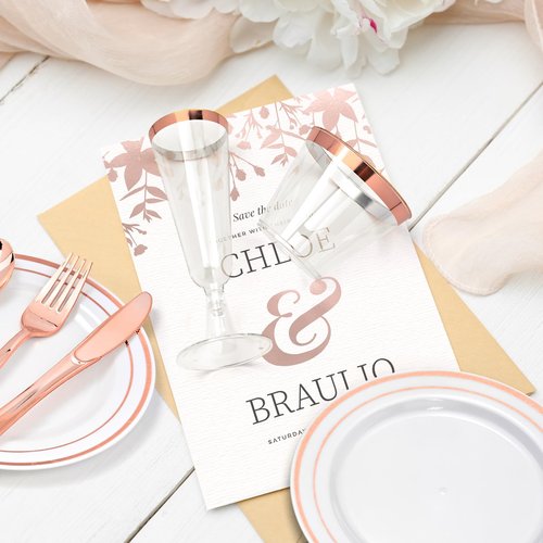 150PCS Rose Gold Plastic Plates Set for 25 Guests, Disposable Dinnerware Set of 25 Dessert Plates, 25 Cups & Champagne Flutes Cups, 25 Spoons, Forks & 25 Knives for Birthday, Wedding & Party Supplies