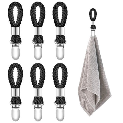 SXoonKing 6Pcs Kitchen Towel Clips, Metal Clips for Hanging with Braided Cotton Loop, Kitchen Hand Towel Holder Hook for Home Bathroom Cupboards Cloth Hanger Holder