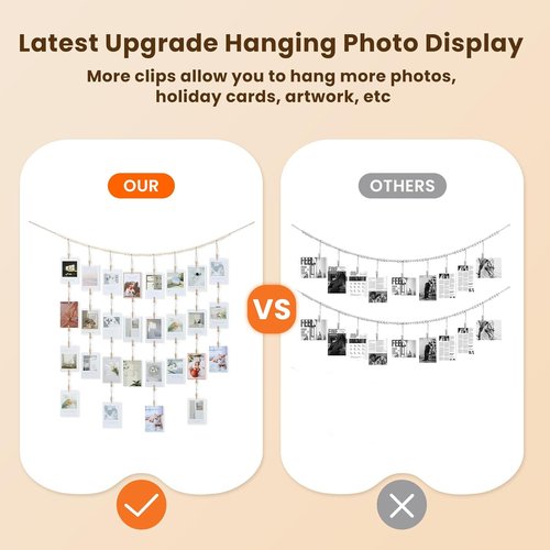 KLOGTSIND Hanging Photo Display - Boho Wooden Beads Garland with 28 Clips | Perfect for Room Decor & Gifts
