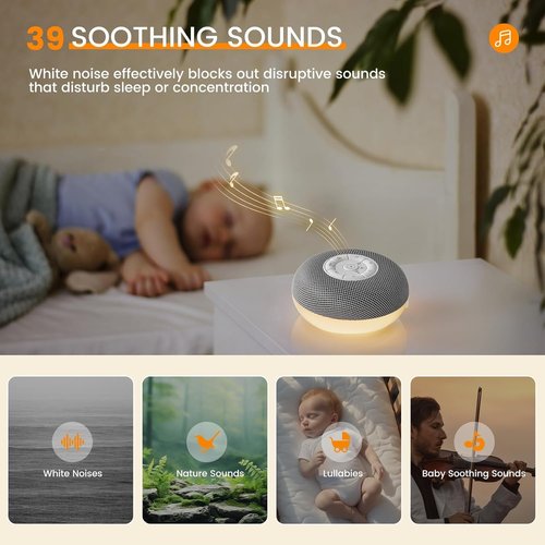YEVIK Portable Sound Machine for Baby, Soothing Sleep Assistant with 39 Sounds & Night Light for Nursery, Travel, Kids & Adults (USB-C Rechargeable, Auto-Off Timer)