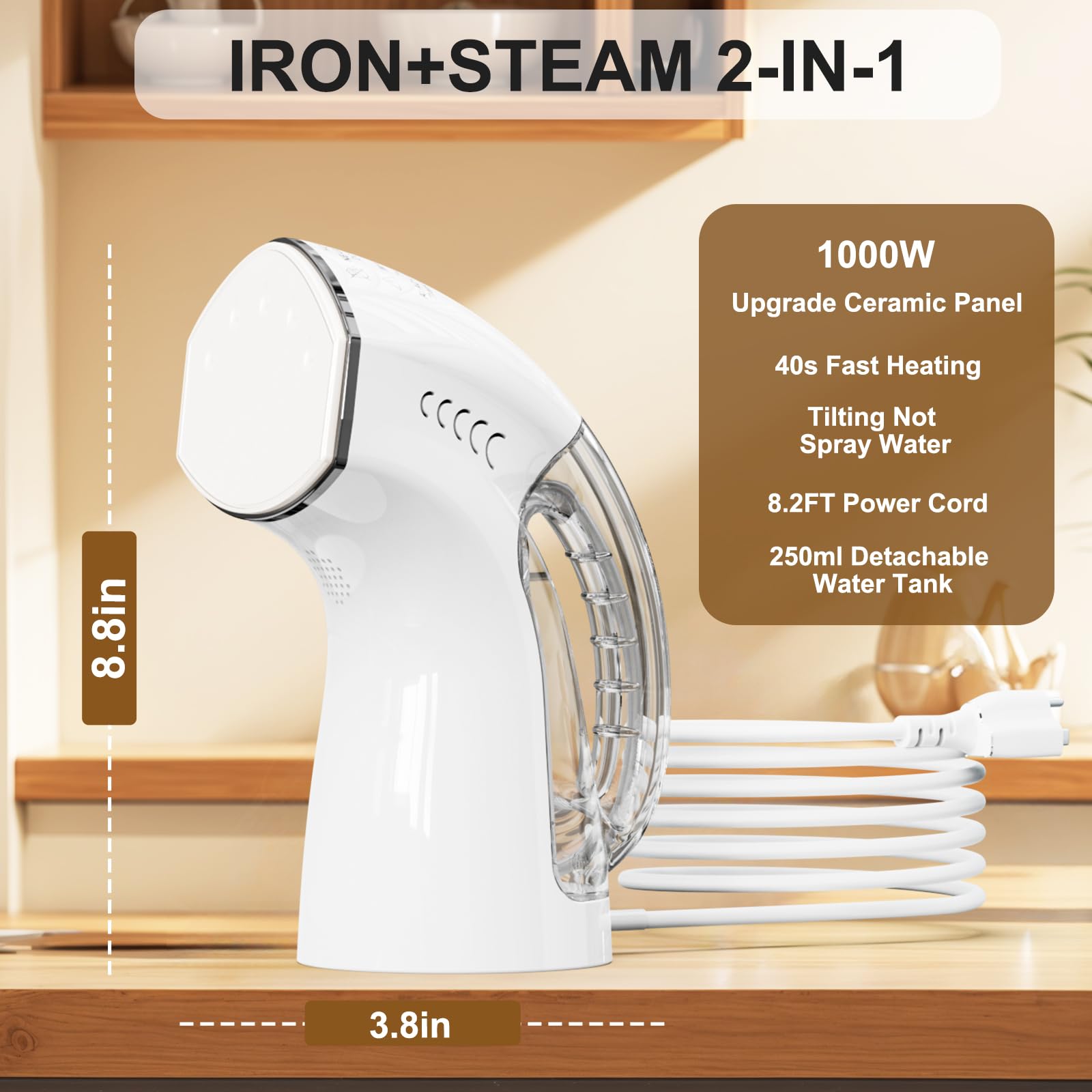 Steamer ＆ Iron 2 in 1 for Clothes, Ceramic Panel, Intelligent Chip Controls Soft Steam (Tilting Not Spray Water), 250ml Water Tank, 8.2FT Power Cord,1000W Portable Handheld Steam Iron (white)
