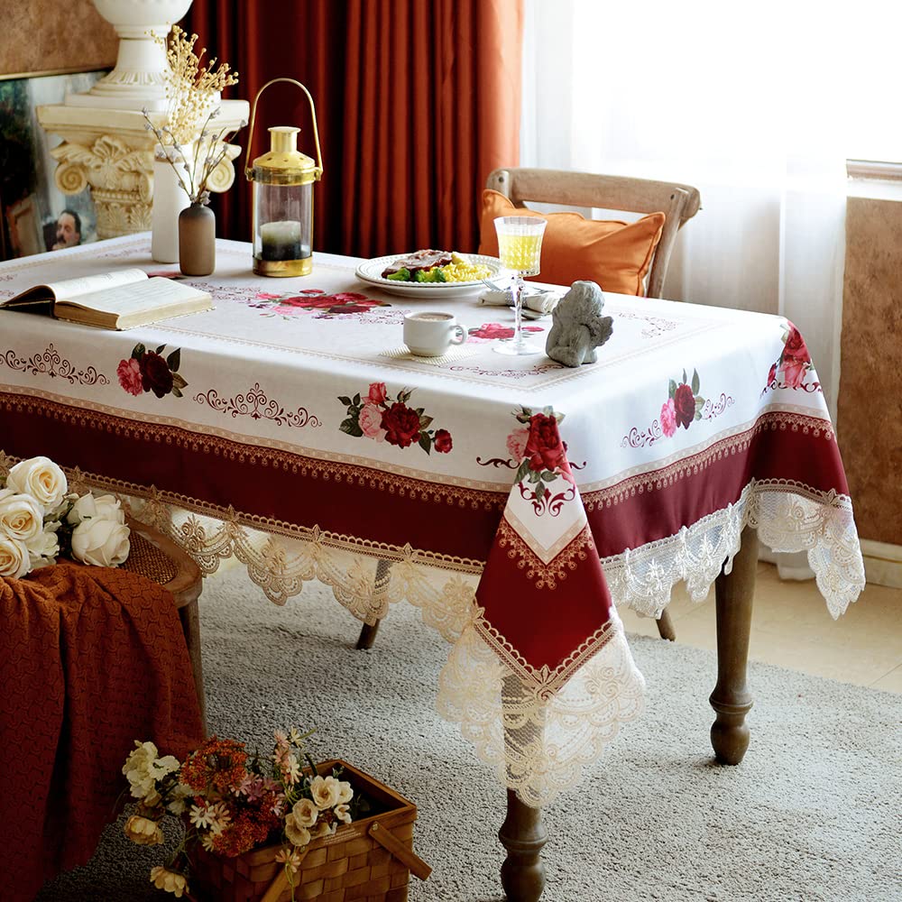 SUTAVIA Lace Embroidered Table Cloth,Rectangular Farmhouse TableCover,Classic Oblong Antique Flower Decor Macrame Tablecloth (Burgundy, Rectangle/Oblong,60 x 120 Inch,10-12 Seats)