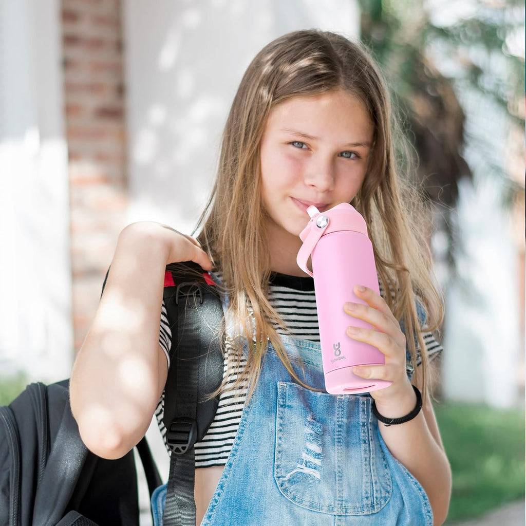 Skiennix 18oz Kids Insulated Water Bottle - Leak Proof Straw Lid & Silicone Handle | Light Pink