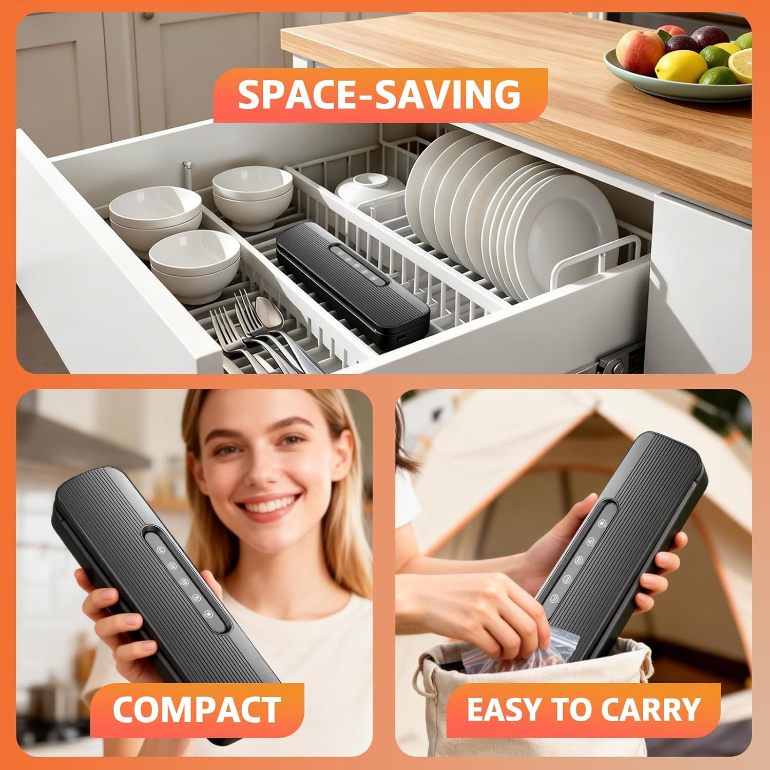 Vacuum Sealer Machine - High Suction Food Sealer with Double Seal Technology | Compact Design with Built-in Cutter & Bag Storage | Dry & Moist Modes (Black)