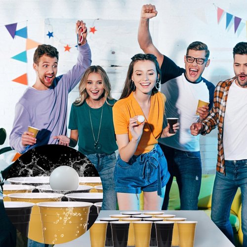 KesaPlan 100PCS 16 oz Black and Gold Disposable Plastic Cups - Perfect for Graduation, Weddings, and Parties