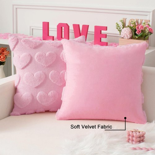 Kevin Textile Heart Love Cute Decorative Throw Pillow Covers 18x18 Inch Set of 2 Soft Faux Fur Pillow Covers for Valentine's Day Gifts Fluffy Plush Pillow Case for Couch Cushion Livingroom Pink
