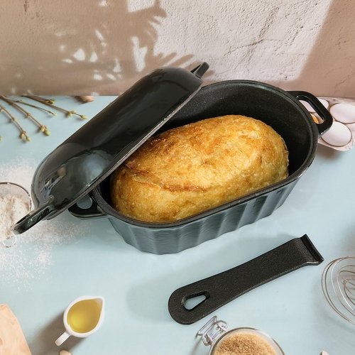 FANQIEW Dutch Oven Enameled Cast Iron Bread Pan with Lid Sourdough Loaf Pans for Baking Bread Large Heavy Oval Bread Dutch Oven with Movable Handle 4 Qt Black Dishwasher Safe