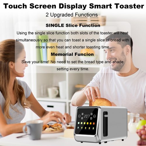 Touch Screen Toaster 2 Slice, Bagel Toasters with LCD Display, Stainless Steel Smart Digital Toasters with Single Slot Toasting,Extra Wide Slots Toaster with Memory/Bagel/Defrost/Reheat Functions
