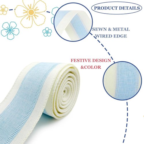 Blue & White Ribbon by [Brand Name] - Wired Ivory Stripe Edge for Baby Shower & DIY Crafts | 10 Yards x 2.5 Inch