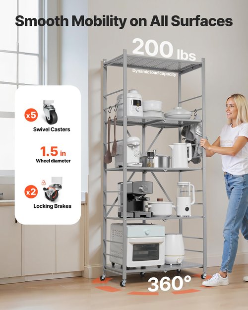 VEVOR 5-Tier Foldable Storage Shelf, 32W x 14D x 72H Inch Folding Metal Rack Shelving Unit, Heavy Duty No Assembly Organizer Shelf with 5 Wheels & 4 Hooks for Pantry, Kitchen, Garage, Basement, Grey