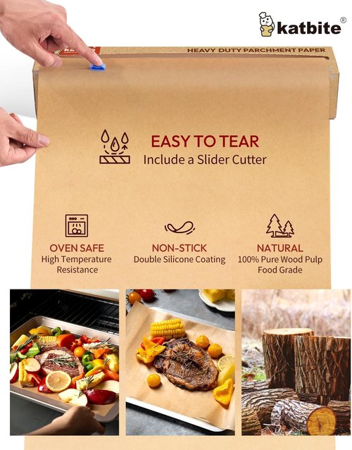 Katbite Unbleached Parchment Paper Roll - Heavy Duty Non-Stick Baking Paper, 15" x 210 ft