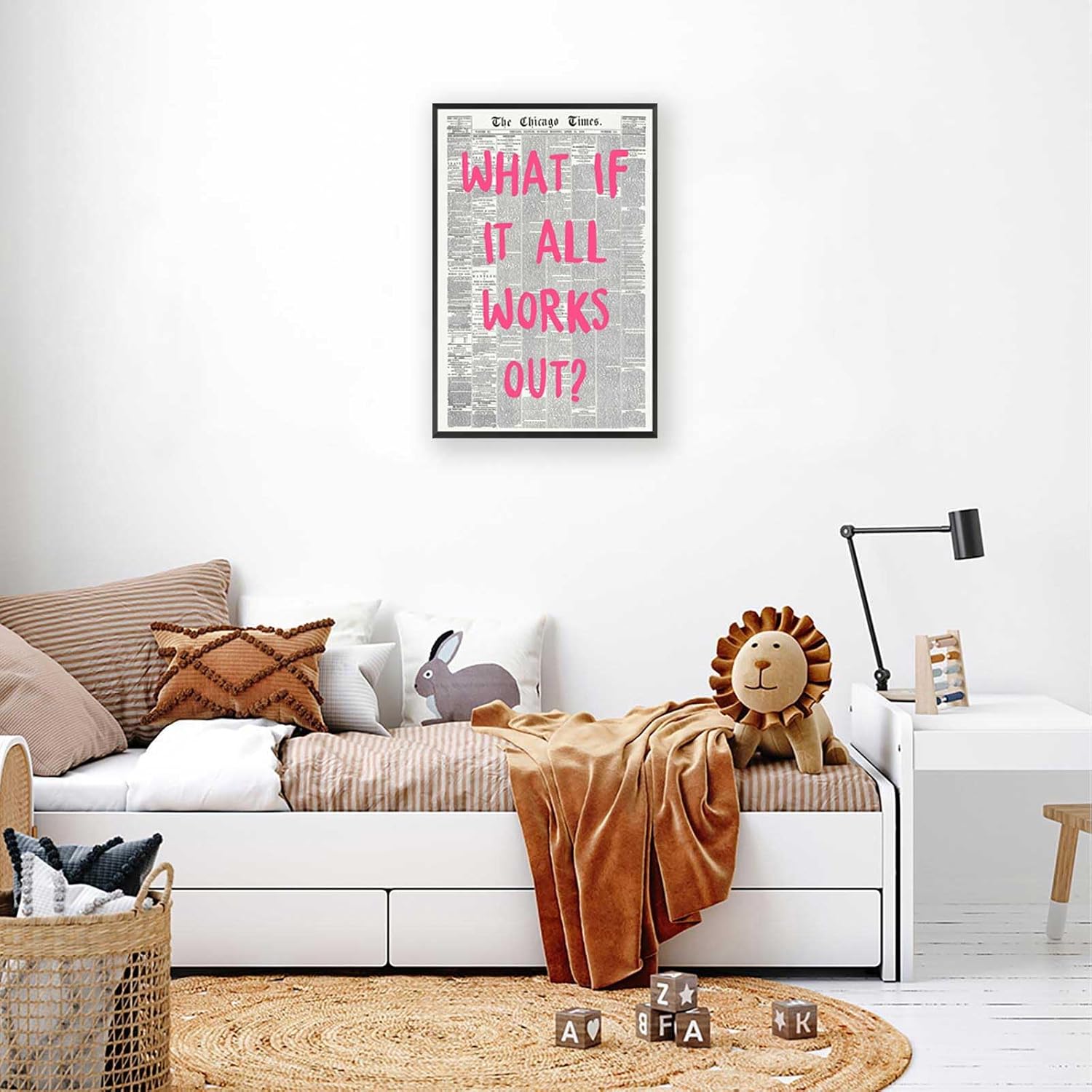 **What If It All Works Out Poster - Retro Newspaper Design | Pink Font Canvas Wall Art 12x18in**