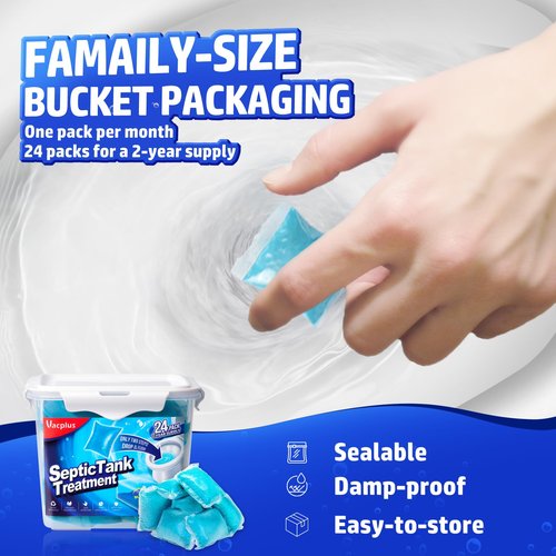 Vacplus Septic Tank Treatment - 24 Packs for 2-Year Supply, Bucket-Packed Septic Tank Treatment Packets, Dissolvable & Flushable Septic Tank Treatment Enzymes with Easy Operation for Wastes & Odors