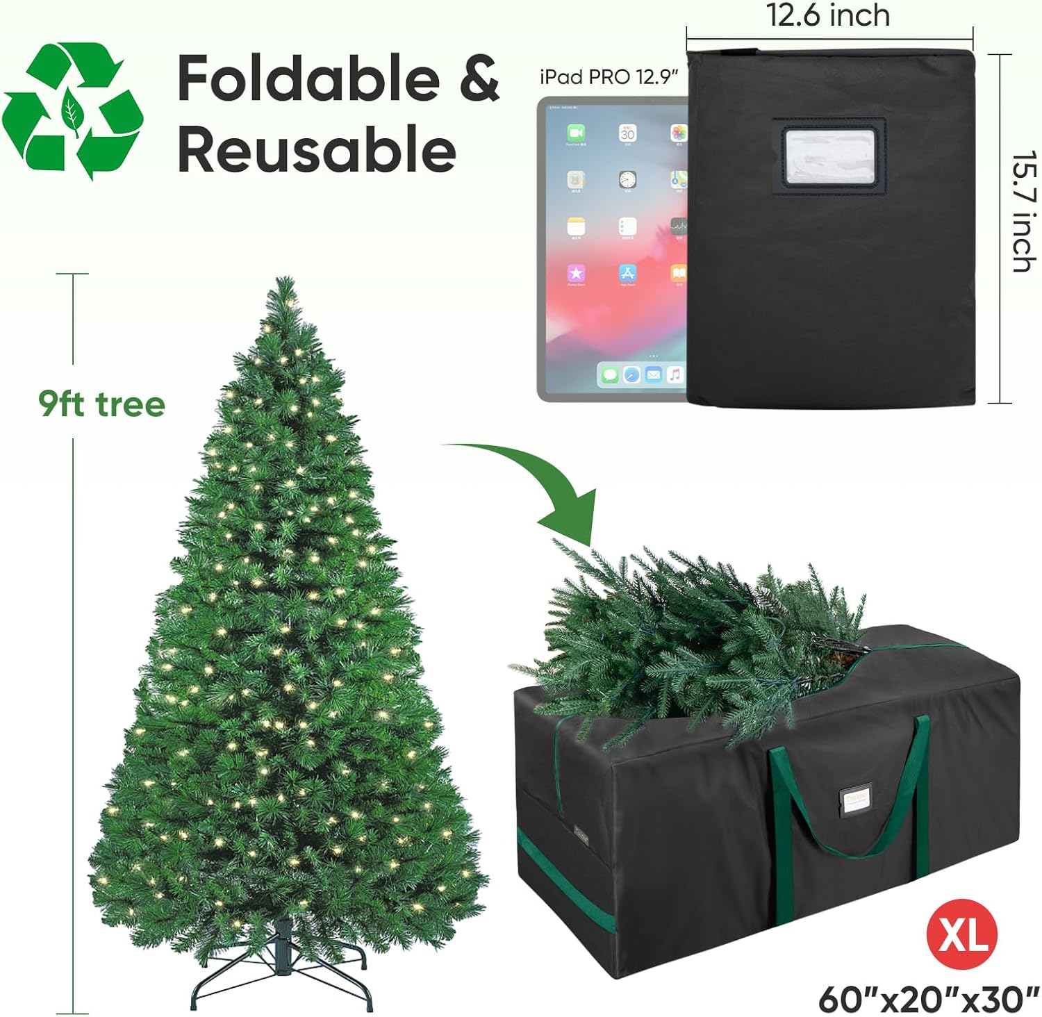 BALEINE Christmas Tree Storage Bag - Heavy Duty 900D Oxford Fabric, Extra Large with Dual Zippers (Black)