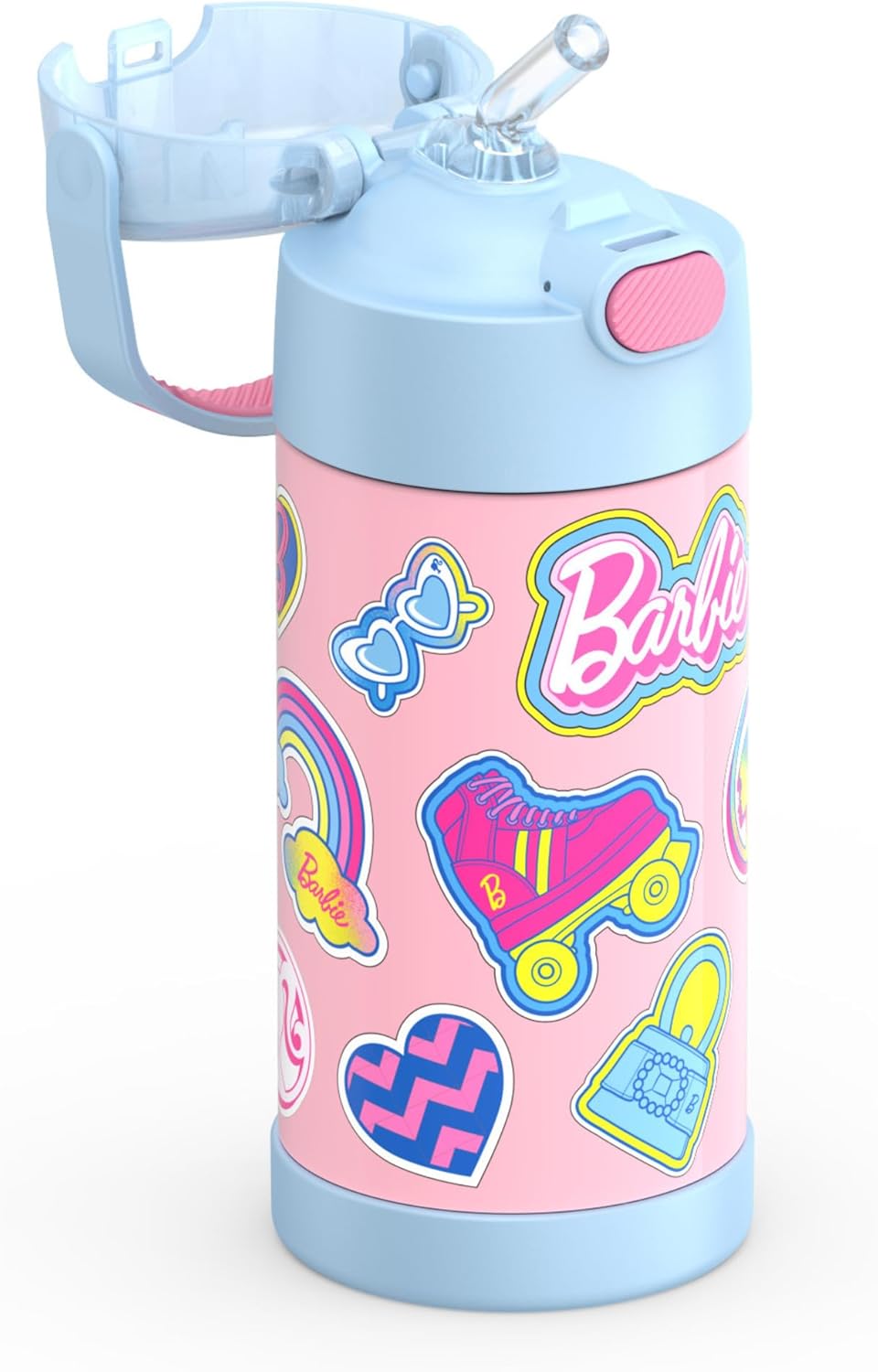 THERMOS FUNTAINER Water Bottle - 12 Ounce Kids Stainless Steel Vacuum Insulated with Straw - Barbie Design