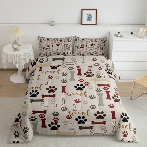 Homewish Dog Paw Print Comforter Set Twin Size,Bone Pattern Bedding Set 2pcs for Kids Teens Girls Boys Room Decor,Pet Animal Quilt Set Cartoon Duvet Insert with 1 Pillowcase