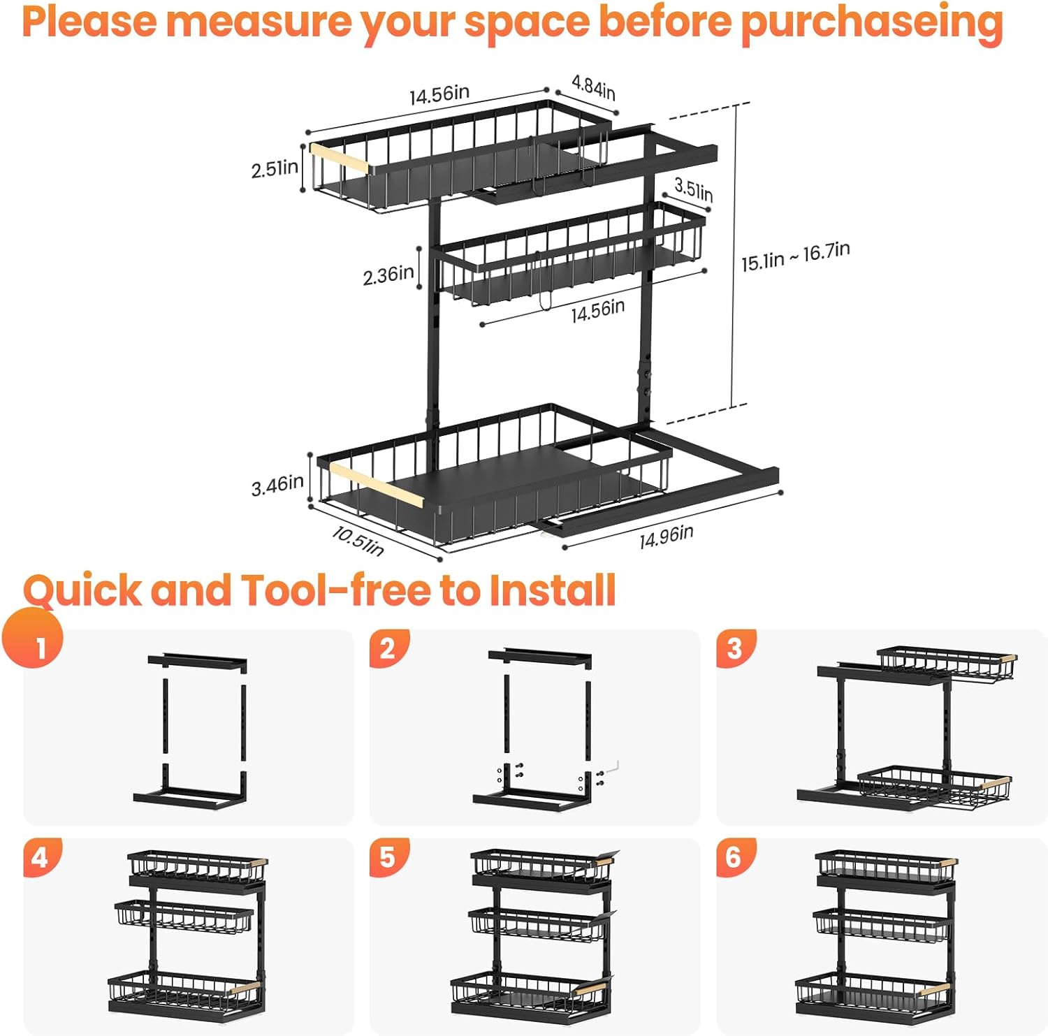 Under Sink Organizer - 3 Tier Pull Out Shelf Storage for Bathroom & Kitchen | 2 Pack Slide Out Drawers
