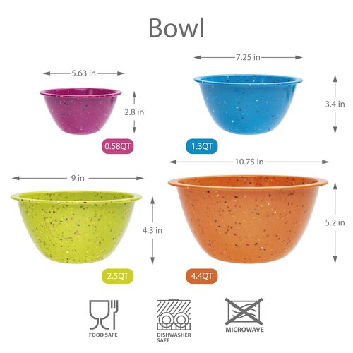 Confetti Nesting Mixing Bowls Set - 4-Piece Colorful Kitchen Bowls (18oz, 1.25QT, 2.5QT, 4QT) - BPA-Free, Dishwasher Safe, Space-Saving Design Vibrant Color
