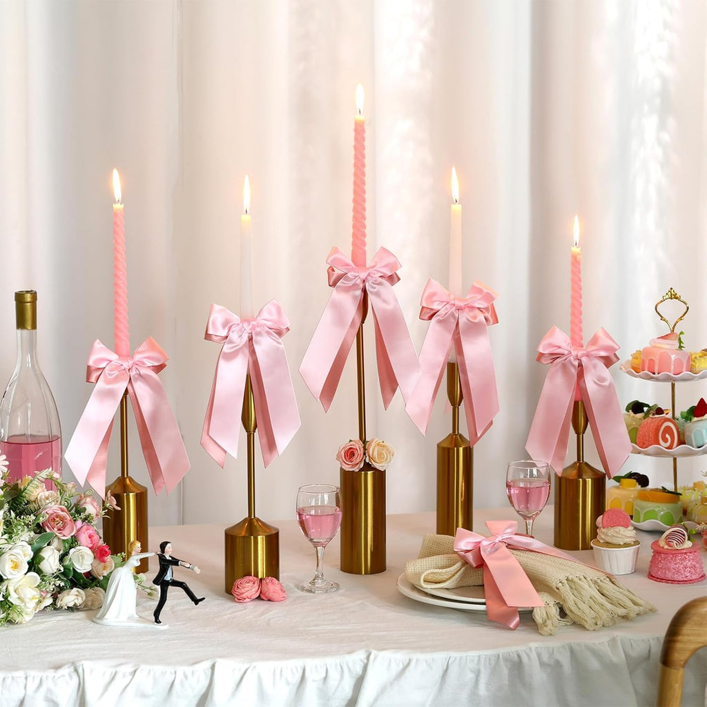 Skiennix 12 Pcs Pink Candlestick Bows - Double-Layer Satin Ribbon Pre-Tied Bowknot for Weddings & Parties