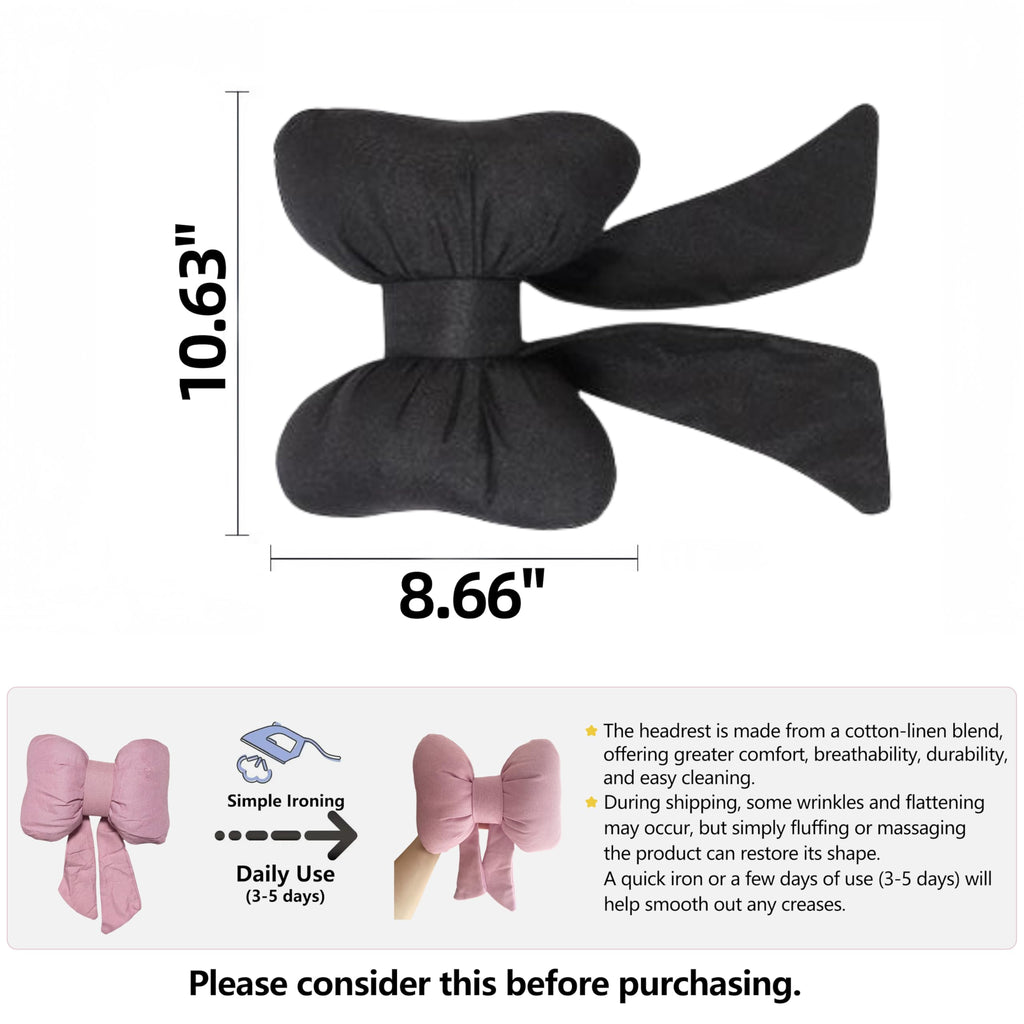 UINSUE 2PCS Chic Car Headrests with Bow-Shaped Cotton Linen Bowknot Neck Pillows for Cozy Road Trip & Cute Interior Decoration (Black)