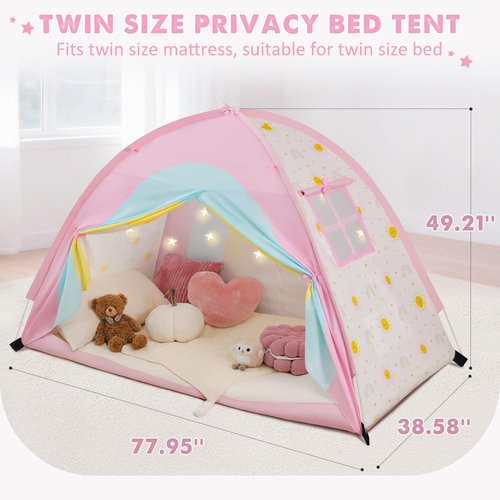 PIIKAGO Twin Bed Tent for Kids, Twin Size Bed Canopy with Star Lights, Privacy Space Blackout Sleeping Tents, Indoor Breathable Portable Bunk Bed Tent for Girls, Rainbow