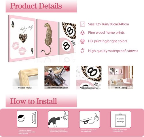Funky Lucky You | Trendy Leopard Canvas Wall Art Set of 3 - Pink Cheetah Prints for Girls' Bedroom | 12x16 Inch Framed Decor