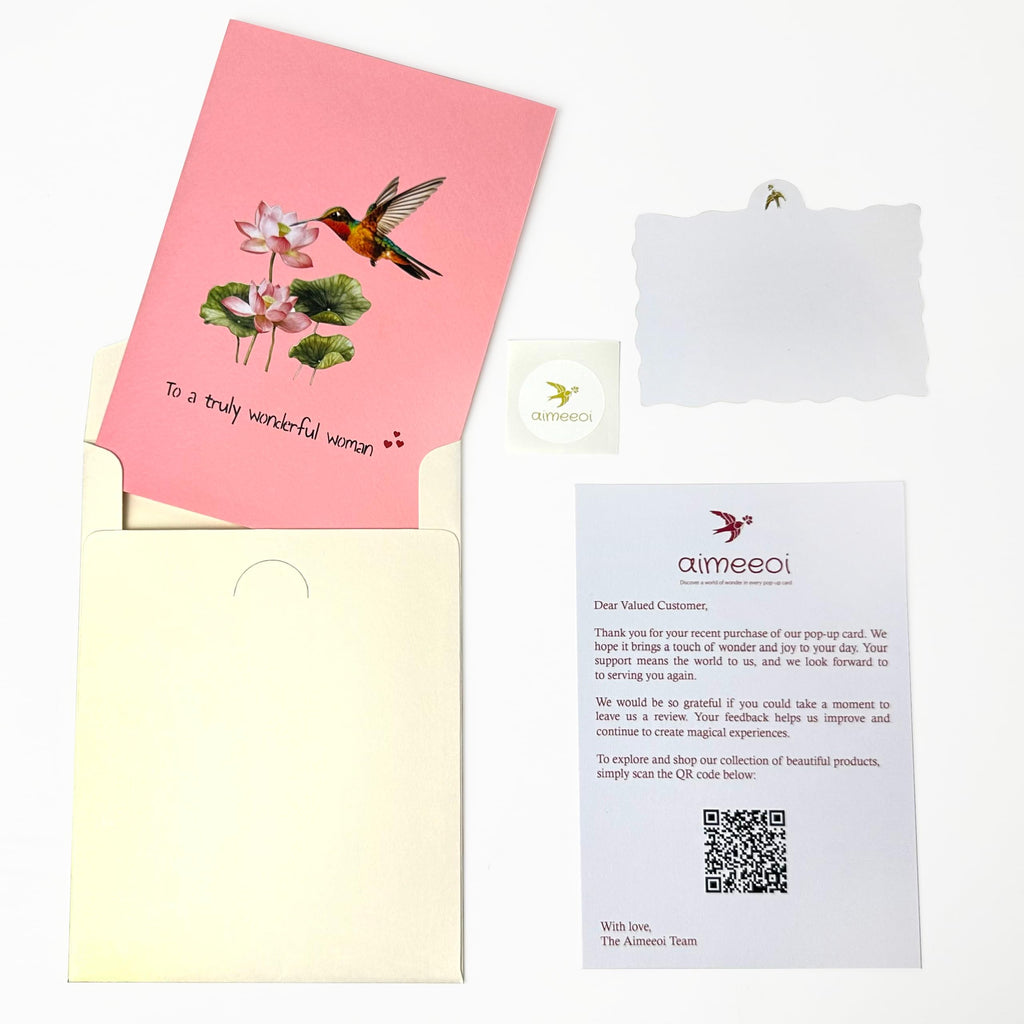 Pop Up Birthday Cards for Women, Hummingbird 3D Birthday Card, Beautiful Hummingbird and Lotus with Koi Fish Design, Pop Up Cards All Occasion for Mother, Mom, Her, Granmother and Daughter, Mothers Day Card