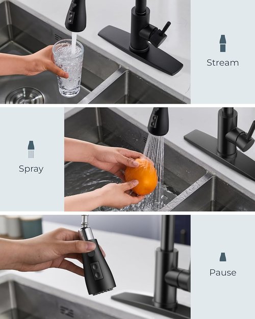 FORIOUS Black Kitchen Faucet - Classic High Arc Design with Soap Dispenser & Pull Down Sprayer | Stainless Steel