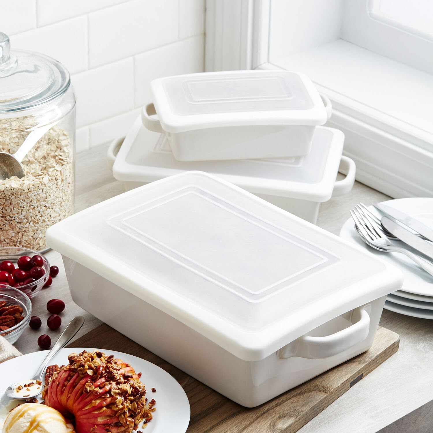 Sur La Table Stoneware Baker Set - 3-Piece Freezer-to-Oven Bakeware with Lids | Durable Handmade Design, White