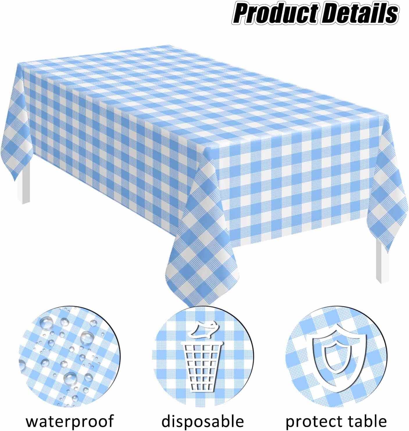 SietDESEO Light Blue Gingham Tablecloth - Disposable Rectangle 54" x 108" for Parties & Events