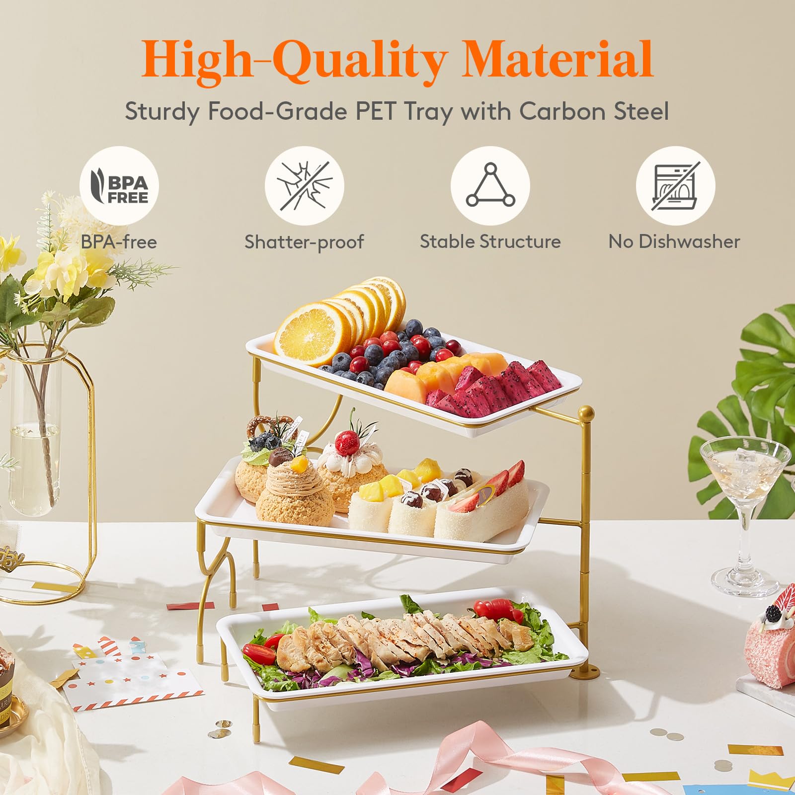 Lifewit 3 Tier Serving Tray for Party, 30 x 17 cm/12 x 6.5 Plastic Serving Platters, White Rotating Tiered Tray with Gold Collapsible Metal Stand, Decorative Dessert Table Display Set for Buffet