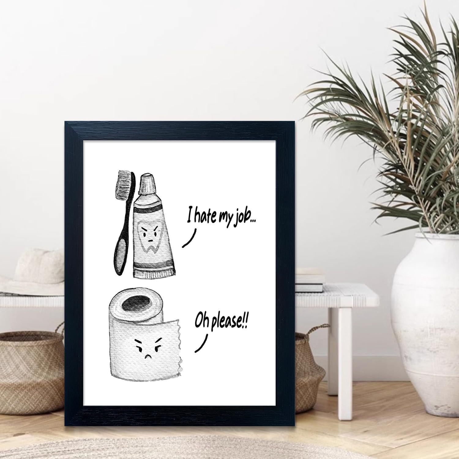 Skiennix Kids Bathroom Decor - Cute Framed Canvas Print with Funny Artwork | Modern Black and White Design