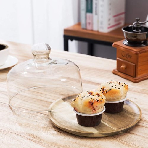 MyGift Cloche Dome Glass Dessert Serving Tray - 7.5 Inch Cake Stand with Acacia Wood Base for Parties & Weddings